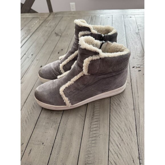 PRADA Shearling Trimmed Suede High Top Sneakers Booties Grey Size 38.5 - Picture 1 of 10